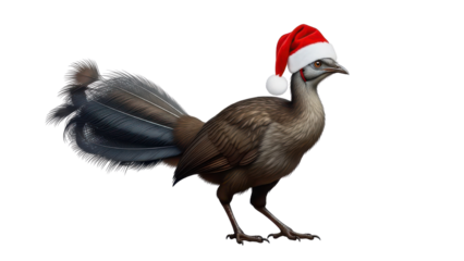 Unique Large Brown Bird Wearing Red Santa Hat. Christmas Holiday Illustration. isolated PNG with Transparent Background