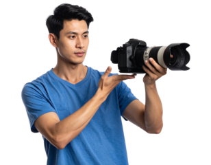 Focused male streamer adjusting camera lens for perfect framing before livestream, isolated on a transparent background, PNG