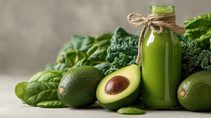 Detox green smoothie surrounded by organic greens