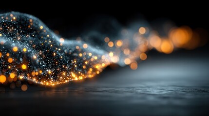 Abstract flow of glowing particles, dark background, and blurred bokeh
