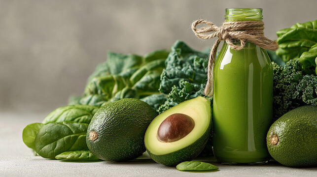 Detox green smoothie surrounded by organic greens - Powered by Adobe