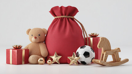 Santa gift bag with teddy bear and Christmas toys