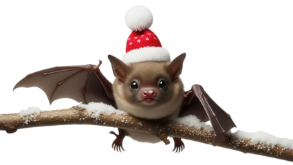 Cute little bat wearing a festive red Santa hat on a snow-covered branch isolated PNG with Transparent Background