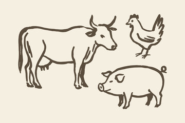 Farm animals cow pig chicken doodle sketch vector illustration