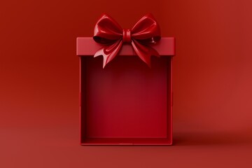 rendering of an open, empty red gift box with a large, glossy bow on the lid, set against a seamless red background.