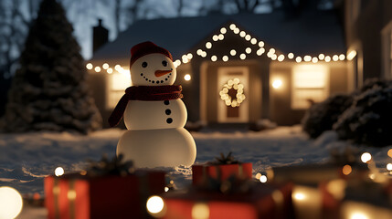 Festive winter scene with a cheerful snowman in a red hat and scarf, illuminated by string lights. Red presents lay in the snow in front of a house with a wreath on the door.