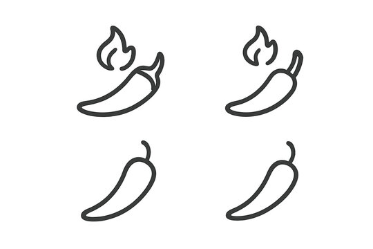 Hot chili pepper icons set featuring flame outline symbols