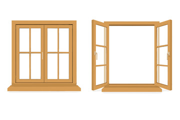 Wooden casement window showing closed and open views