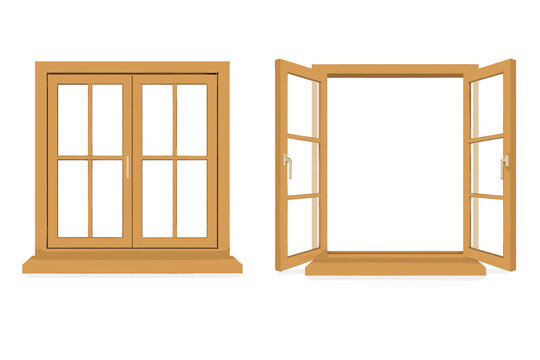 Wooden casement window showing closed and open views