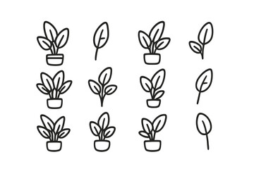 Set of simple outline icons depicting potted houseplants and single leaves