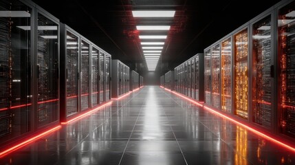 Long server hallway displays rows of advanced technology data center corridor features numerous racks with blinking lights
