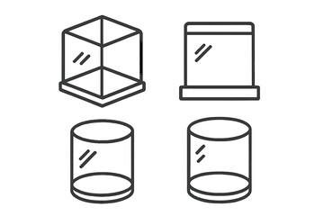 Geometric display cases and transparent product presentation containers icons
