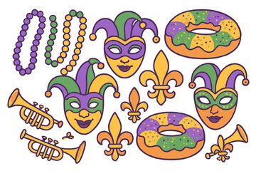 Mardi Gras celebration icons set featuring beads masks fleur de lis and king cake