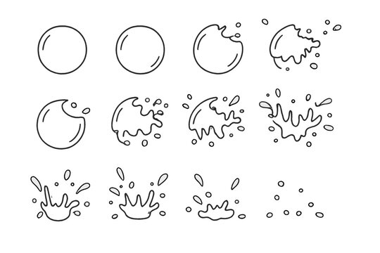 Sequential outline icons depicting a hand drawn liquid splash animation