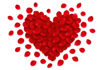 Red rose petals forming heart shape on transparent background