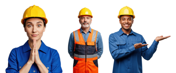 Diverse group of three professional industrial workers, including a young woman, a mature man, and a young African American man, wearing yellow hard hats and blue uniforms, on transparent background.
