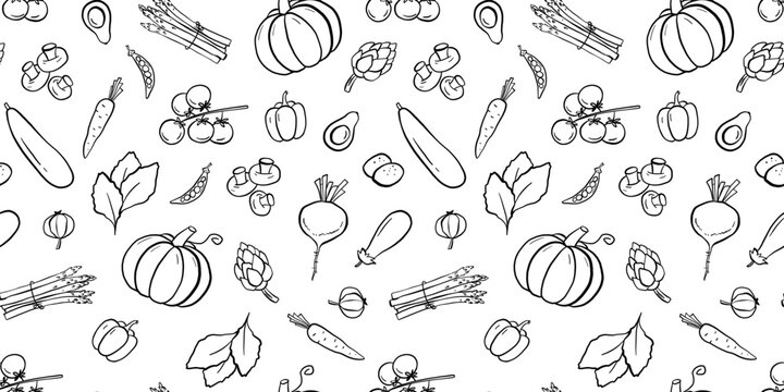 Seamless pattern with vegetables hand drawn illustrations. Outline pumpkin, zucchini, pepper and tomatoes sketch isolated on white background