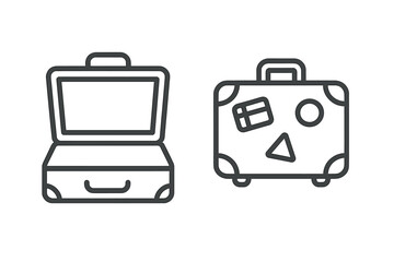 Outline icons representing open and closed travel suitcases adorned with stickers