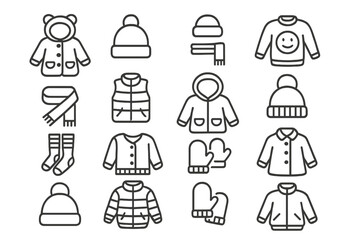 Simple line icons depicting children's winter clothing and cold weather accessories