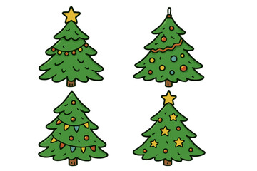 Four decorated Christmas trees with ornaments and stars in hand-drawn style