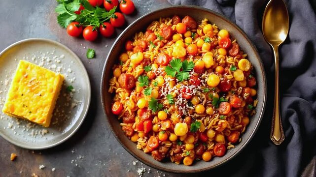 A Culinary Delight: A captivating overhead view of a vibrantly colored dish, complemented by a side of cornbread and a spoon.