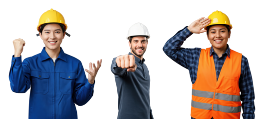 Diverse group of three young adult construction workers, two women and one man, wearing hard hats and safety gear, posing confidently against a black studio background.