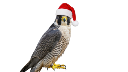 Peregrine Falcon Bird Wearing Red and White Santa Hat for Christmas Holiday isolated PNG with Transparent Background