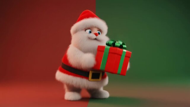 Animated video of a small, cute, fluffy character dressed in a Santa suit shaking a red and green gift box curiously, with a playful expression against a split red and green background.