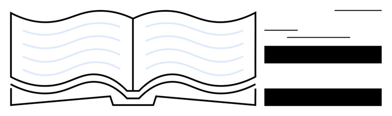 Open book with wavy lines representing text and bold black censor bars. Ideal for education, knowledge, censorship, creativity, freedom of speech, research, book publishing. Simple flat metaphor