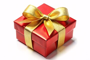 Obraz premium Stunning red gift box tied with elegant shimmering gold ribbon for celebration or holiday surprise