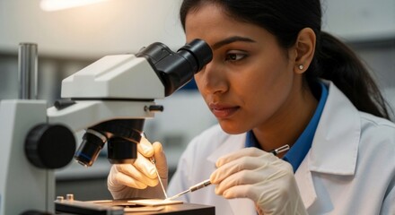 Indian female scientist looking through a microscope in a laboratory. Medical research concept