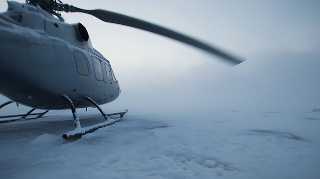 A helicopter stands on a snow covered field. The pale grey helicopter is on the left side of the image with the snow stretching off to the right. The sky is overcast and grey.