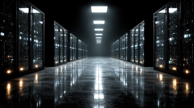 Data center hallway features server rows view shows extensive server infrastructure