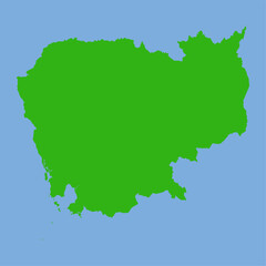 Green silhouette map of Cambodia in a simple flat vector style showing its Mekong-region shape and regional outlines.