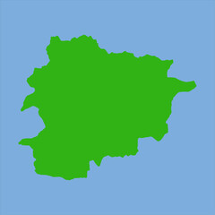 Green silhouette map of Andorra in a simple flat vector style showing its small Pyrenees mountain-region shape.