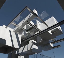Abstract Architecture Design in Concrete and Glass Against Blue Sky