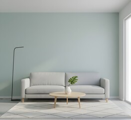Fototapeta premium A Minimalist Living Room with Pastel Green Wall and White Sofa