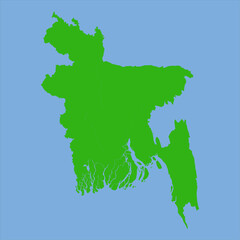 Green silhouette map of Bangladesh in flat vector style showing its delta shape and region boundaries on a light background