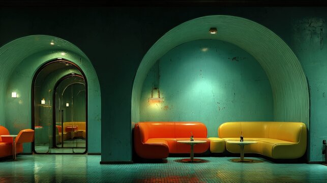 Retro-futuristic abstract interior design with rounded furniture metallic finishes and a nostalgic yet modern aesthetic