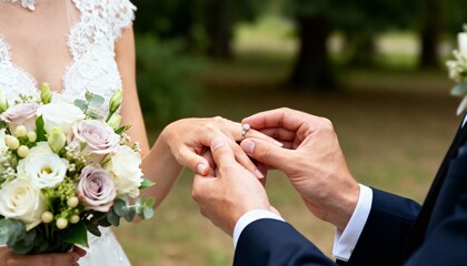 Couple exchanges wedding rings in a serene outdoor setting during their intimate ceremony