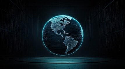 holographic globe of the Earth projected in the center of a dark, high-tech command center, displaying weather patterns and global network traffic as glowing lines, cinematic, volumetric light.