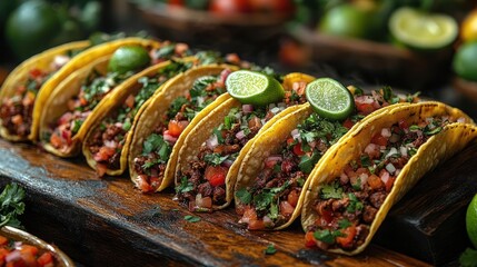 Fototapeta premium A Row of Delicious Tacos Filled With Savory Ingredients Garnished With Fresh Lime and Cilantro on a Wooden Board