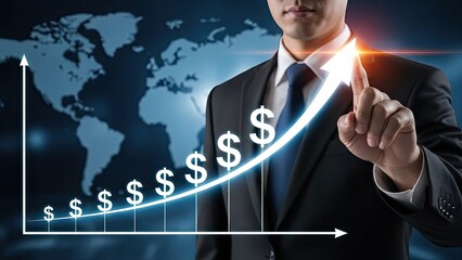 Business professional pointing to a rising global financial growth chart with dollar signs on a world map background