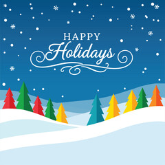 Happy holidays winter scene with colorful trees and snowflakes: A cheerful, vibrant illustration capturing the essence of the holiday season with colorful Christmas trees, snow-covered hills