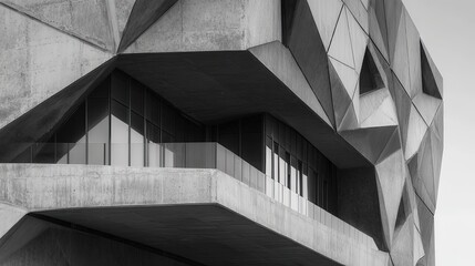 Modern concrete building exterior with abstract geometric patterns asymmetrical shapes and a monochrome palette