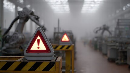 A glowing warning sign alerts in a foggy industrial factory with robotic arms in the background