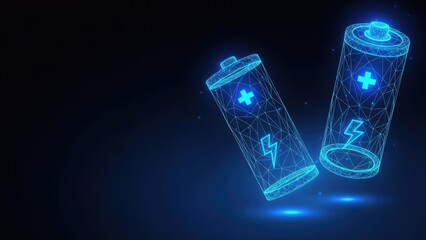 Futuristic glowing blue digital batteries with energy symbols floating in darkness symbolizing power and technology
