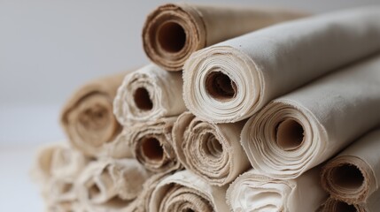 Rolled fabric placed together on a table in a craft room during daylight hours