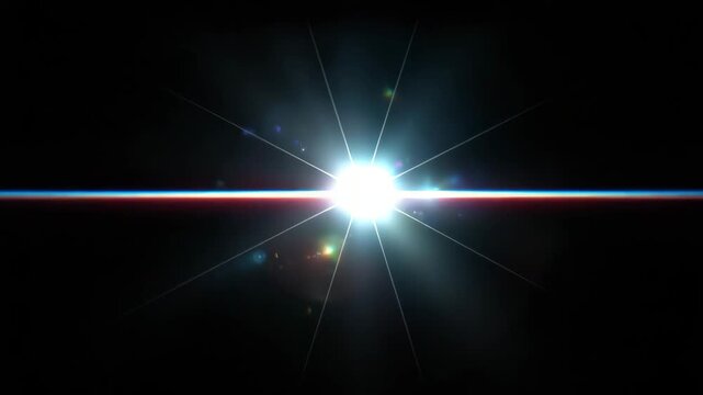 Bright blue lens flare light effect with starburst and horizontal beam on black background