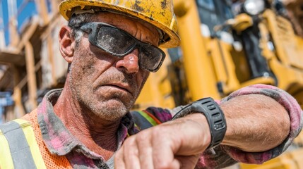 Construction worker wears hard hat safety glasses worker equipped with personal protective equipment on site